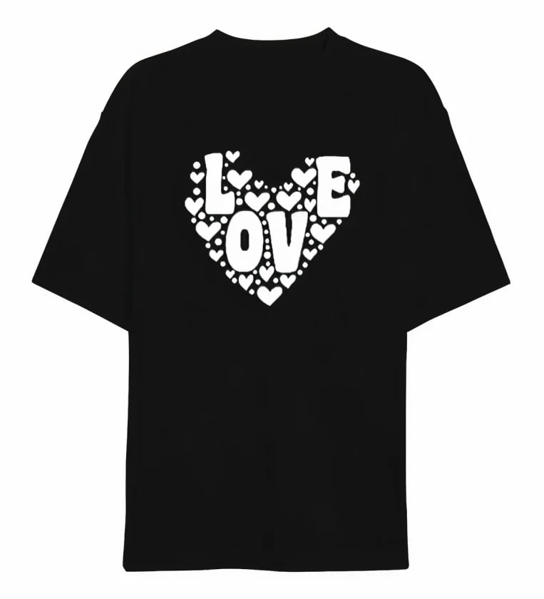 14 Şubat Sevgililer Günü Love Kalp Baskılı Oversize Bisiklet Yaka T-Shirt - Siyah — görsel 1/1