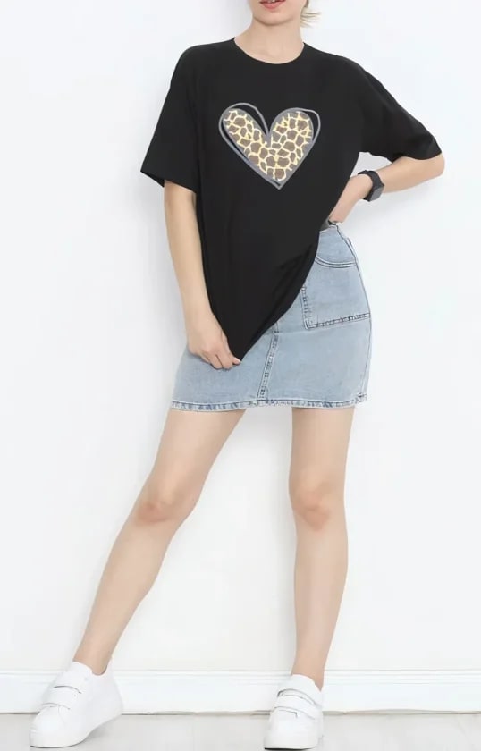 14 Şubat Sevgililer Günü Leopar Kalp Baskılı Oversize Bisiklet Yaka T-Shirt - Siyah