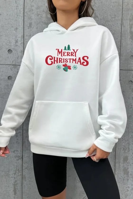 Yılbaşı Merry Christmas Baskılı Oversize Kapüşonlu Sweatshirt Hoodie - Beyaz — görsel 1/2