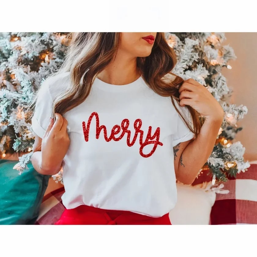 Yılbaşı Merry Christmas Baskılı Kısa Kollu Oversize Bisiklet Yaka T-Shirt - Beyaz — görsel 1/1