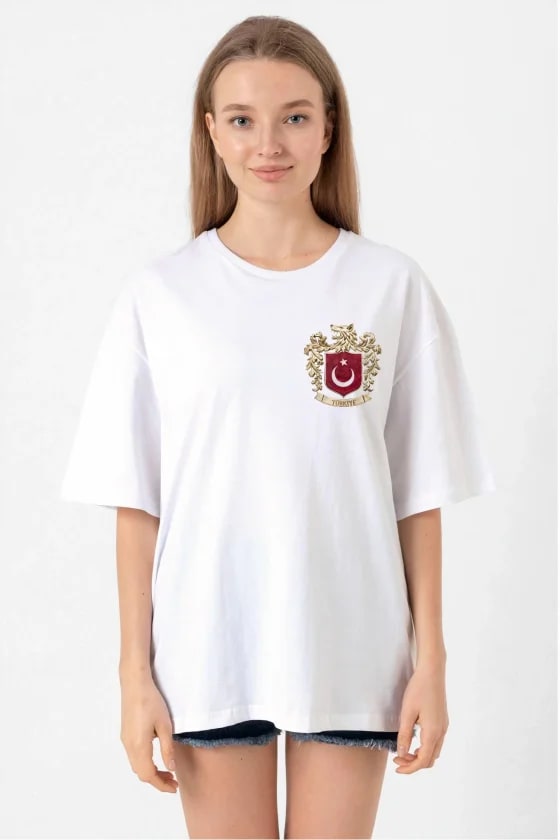 Türk Arma Baskılı Oversize Bisiklet Yaka Günlük T-Shirt - Beyaz — görsel 1/1