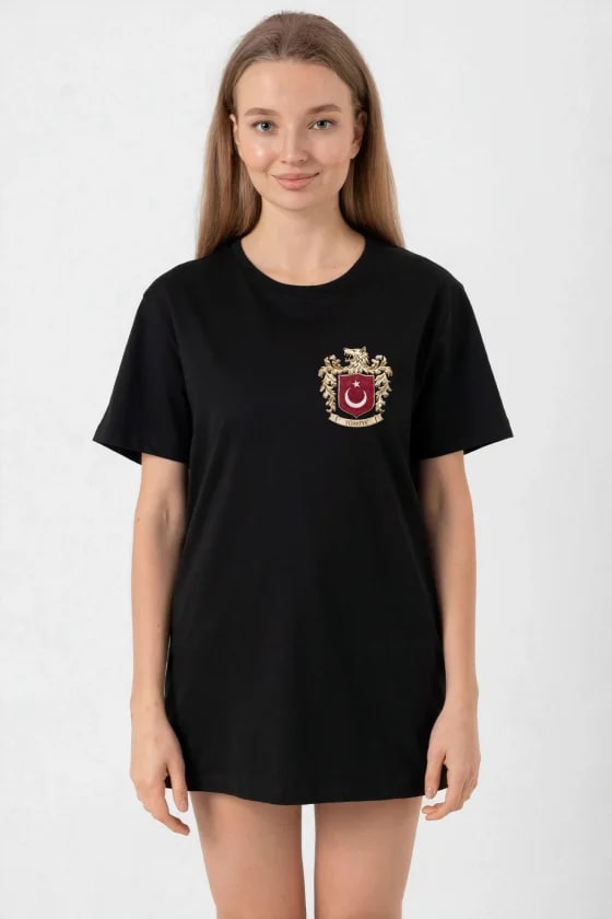Türk Arma Baskılı Oversize Bisiklet Yaka Günlük T-Shirt - Siyah — görsel 1/1