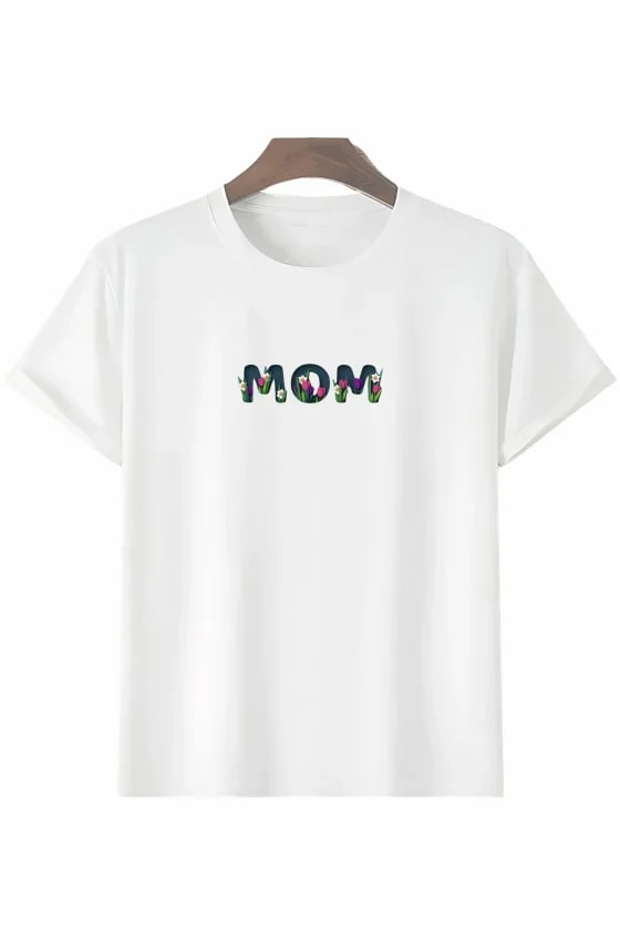 Anneler Günü Hediye Mom Çiçek Baskılı Oversize Bisiklet Yaka T-Shirt - Beyaz — görsel 1/1