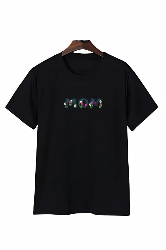 Anneler Günü Mom Çiçek Temalı Baskılı Oversize Bisiklet Yaka T-Shirt - Siyah — görsel 1/1