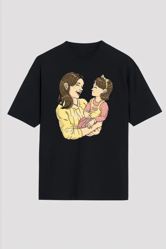 Anneler Günü Hediye Anne Kız Temalı Baskılı Oversize Bisiklet Yaka T-Shirt - Siyah — görsel 1/1