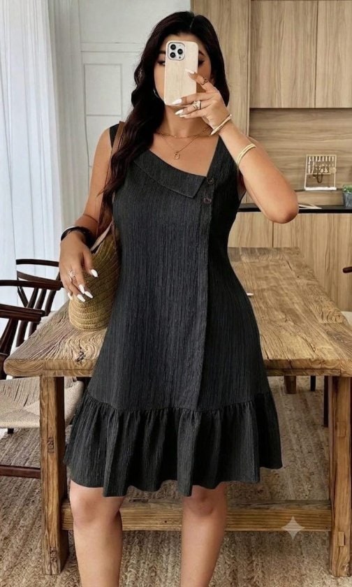 Kadın Kalın Askılı Asimetrik Yaka Etek Ucu Fırfır Detaylı Krınkıl Elbise — görsel 1/4