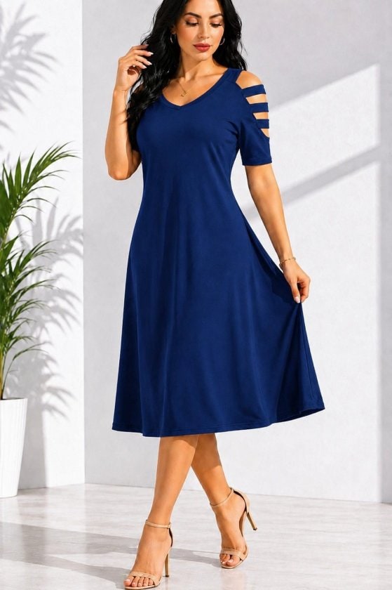 Kadın Kısa Kollu V Yakalı Omuzlardan Şerit Detaylı Viskon Midi Elbise — görsel 1/4
