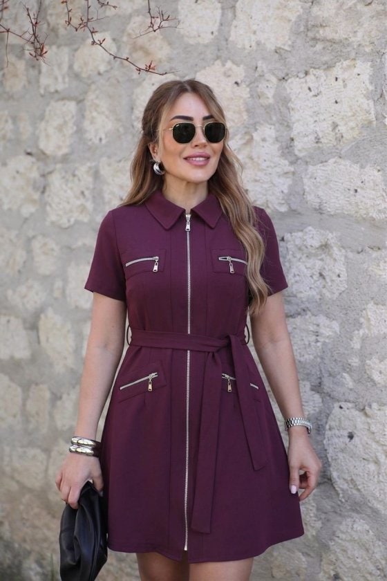 Kadın Kısa Kollı Yakalı Önden Fermuarlı Ve Cepli Kısa Modal Elbise — görsel 1/4