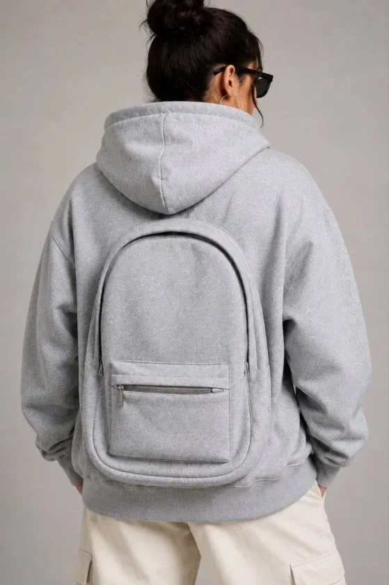 3 İplik Şardonlu Tam Fermuarlı Kapüşonlu Arka Çanta Detaylı Sweatshirt - Gri — görsel 1/4
