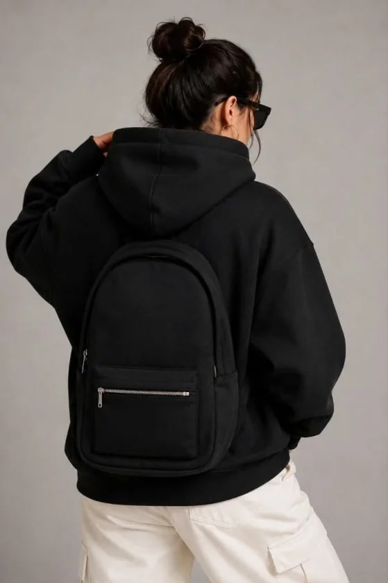 3 İplik Şardonlu Tam Fermuarlı Kapüşonlu Arka Çanta Detaylı Sweatshirt - Siyah — görsel 1/4