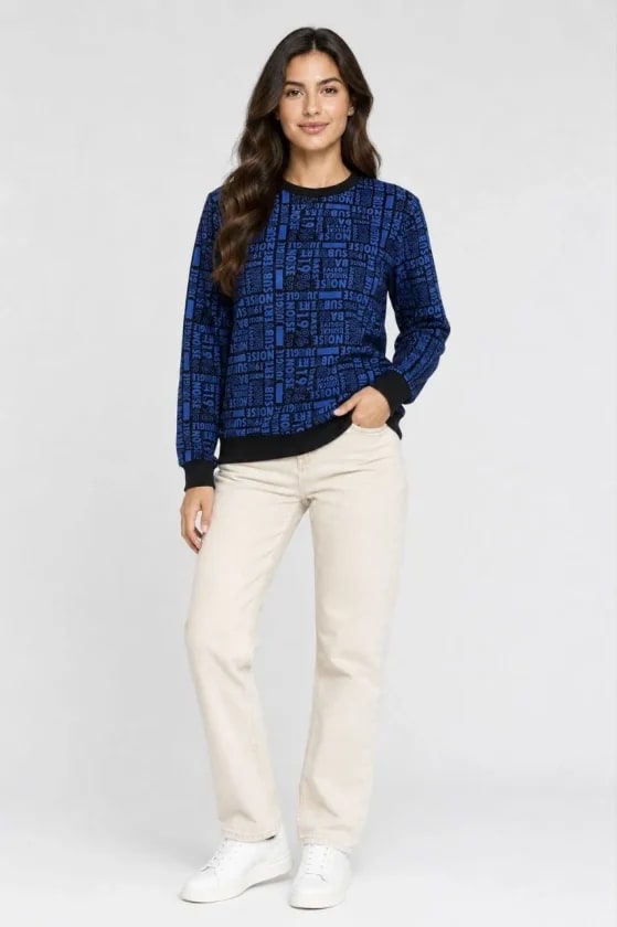 Siyah Mavi Yazı Desenli İki İplik Şardonlu Sweatshirt — görsel 1/4