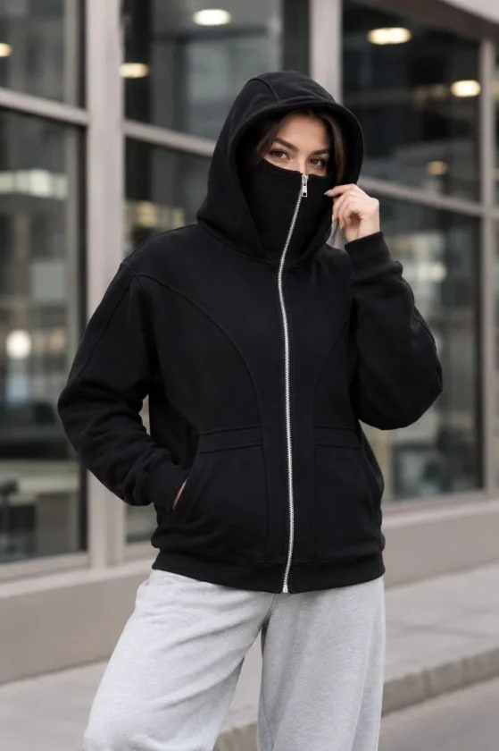 Maskeli Ninja Model Çift Kapüşonlu 3 İplik Şardonlu Fermuarlı Oversize Sweatshirt - Siyah — görsel 1/4