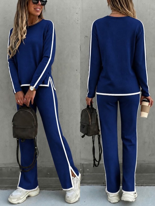 Kadın Uzun Kollu Bisiklet Yakalı Yan Şerit Detaylı Yırtmaçlı Viskon İki İplik Bluz Ve Pantolon İkili Takım — görsel 1/7