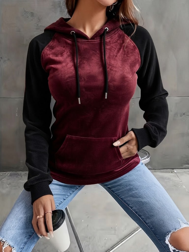 Kadın Uzun Kollu Kapüşonlu Bağcıklı Kadife Bluz — görsel 1/6