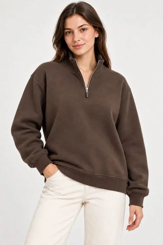 Üç İplik İçi Şardonlu Dik Yaka Yarım Fermuarlı Kışlık Sweatshirt - Kahverengi — görsel 1/3