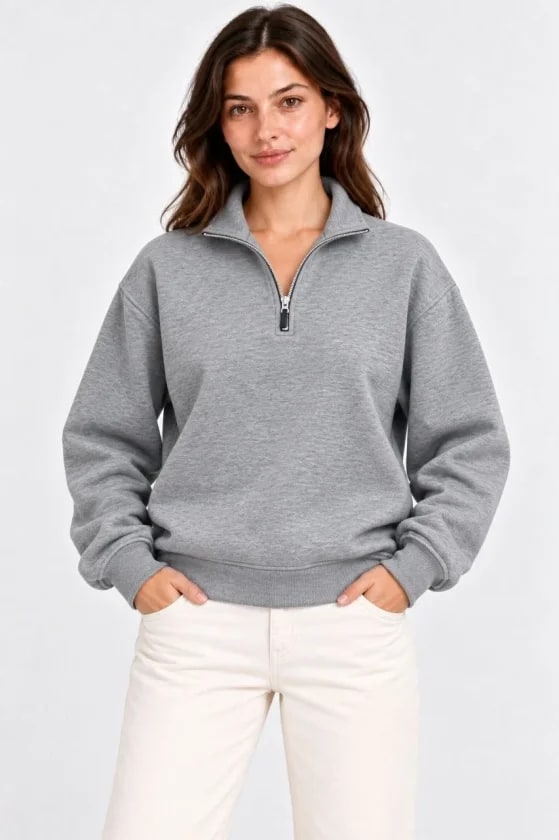 Üç İplik İçi Şardonlu Dik Yaka Yarım Fermuarlı Kışlık Sweatshirt - Gri — görsel 1/3