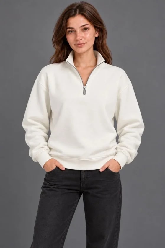 Üç İplik İçi Şardonlu Dik Yaka Yarım Fermuarlı Kışlık Sweatshirt - Beyaz — görsel 1/3