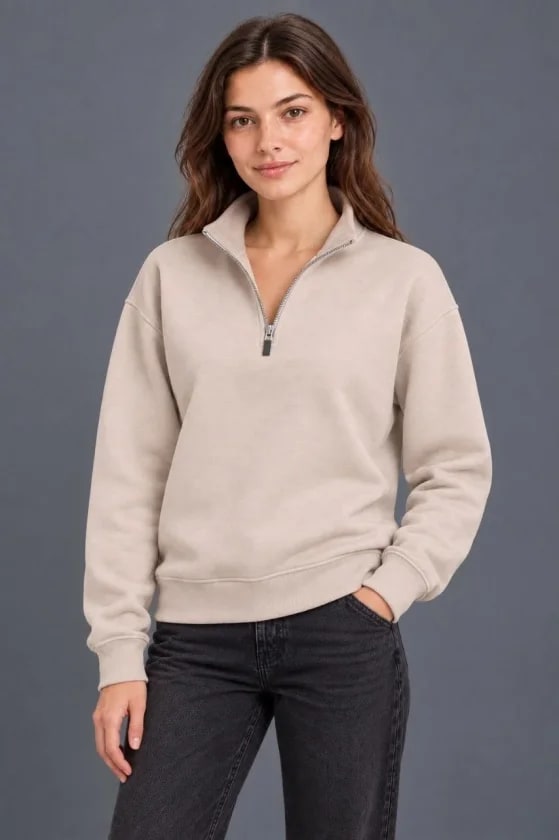 Üç İplik İçi Şardonlu Dik Yaka Yarım Fermuarlı Kışlık Sweatshirt - Bej — görsel 1/3