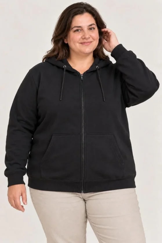 Battal Büyük Beden Üç İplik İçi Şardonlu Kapüşonlu Tam Fermuarlı Kışlık Sweatshirt - Siyah — görsel 1/4