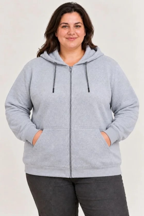Battal Büyük Beden Üç İplik İçi Şardonlu Kapüşonlu Tam Fermuarlı Kışlık Sweatshirt - Gri — görsel 1/4