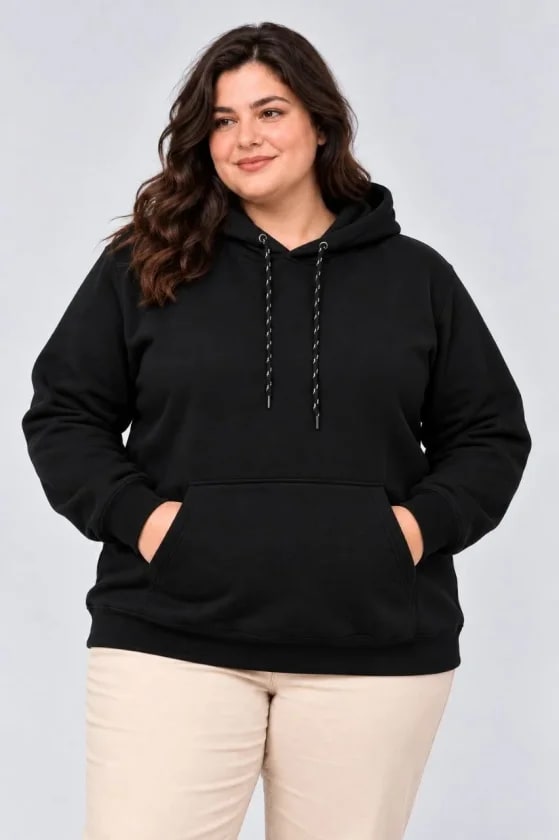 Battal Büyük Beden Üç İplik İçi Şardonlu Kapüşonlu Kanguru Cepli Kışlık Sweatshirt - Siyah — görsel 1/3