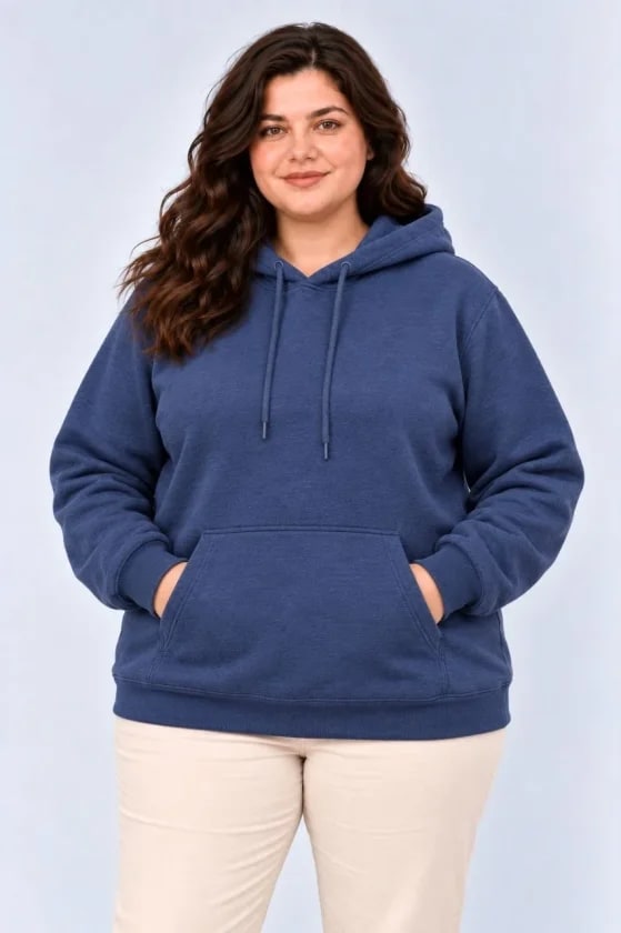 Battal Büyük Beden Üç İplik İçi Şardonlu Kapüşonlu Kanguru Cepli Kışlık Sweatshirt - Lacivert — görsel 1/3