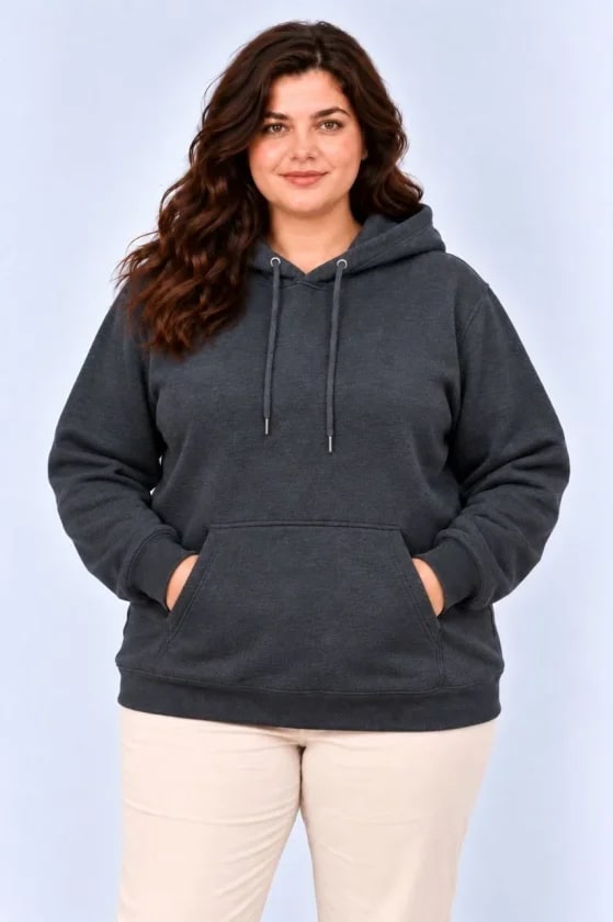 Battal Büyük Beden Üç İplik İçi Şardonlu Kapüşonlu Kanguru Cepli Kışlık Sweatshirt - Füme — görsel 1/3