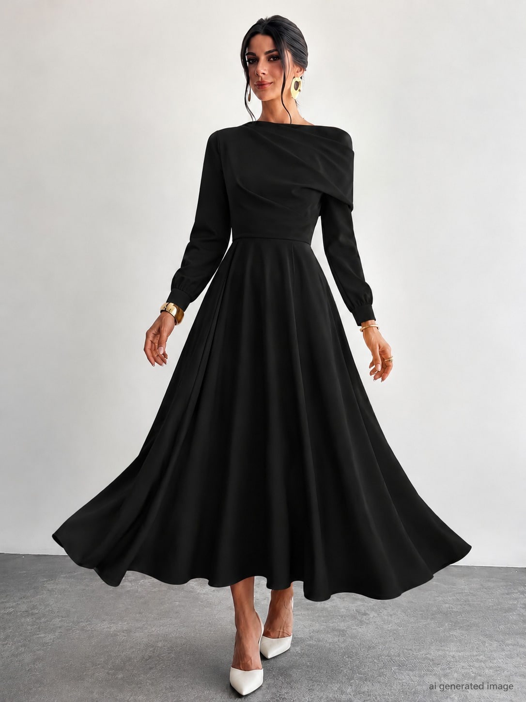 Kadın Uzun Kollu Omuzdan Pile Detaylı Midi Janjan Krep Elbise — görsel 1/9