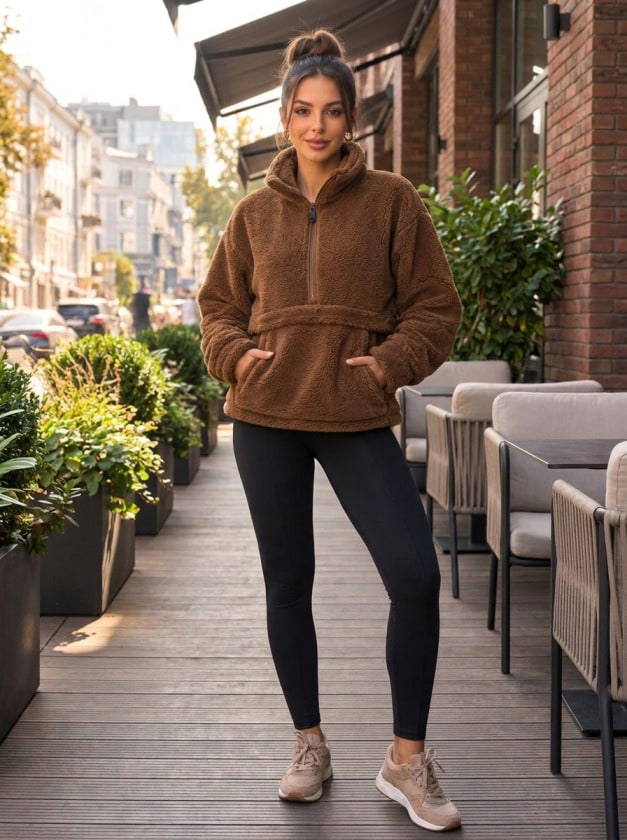 Kadın Yarım Fermuarlı Kanguru Cepli Peluş Wellsoft Sweatshirt — görsel 1/2