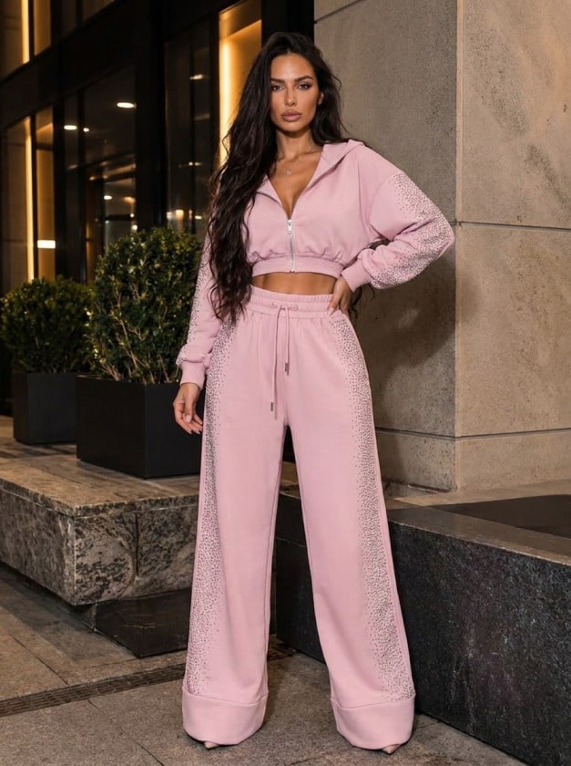Kadın Taş Baskı Detaylı Fermuarlı Crop Sweatshirt Ve Geniş Paça Eşofman Takımı — görsel 1/2