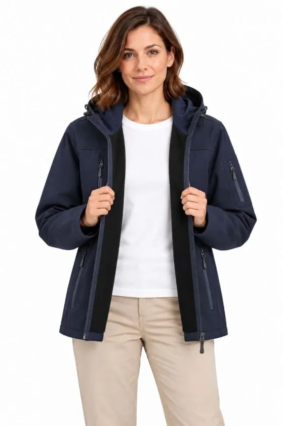 Su Geçirmez Softshell İçi Polar Astarlı Çıkarılabilir Kapüşonlu 4 Cepli Mont Ceket - Lacivert — görsel 1/4