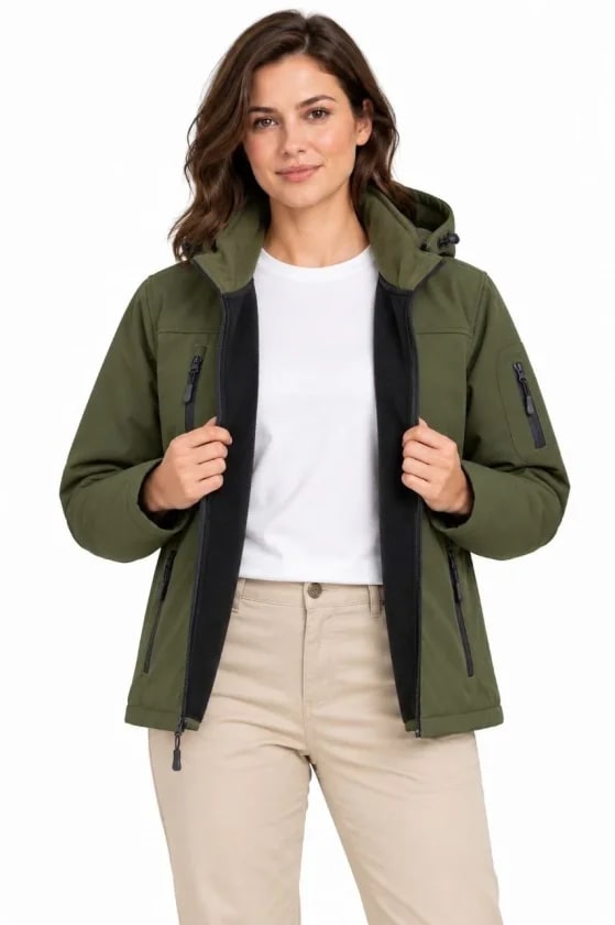 Su Geçirmez Softshell İçi Polar Astarlı Çıkarılabilir Kapüşonlu 4 Cepli Mont Ceket - Haki — görsel 1/4