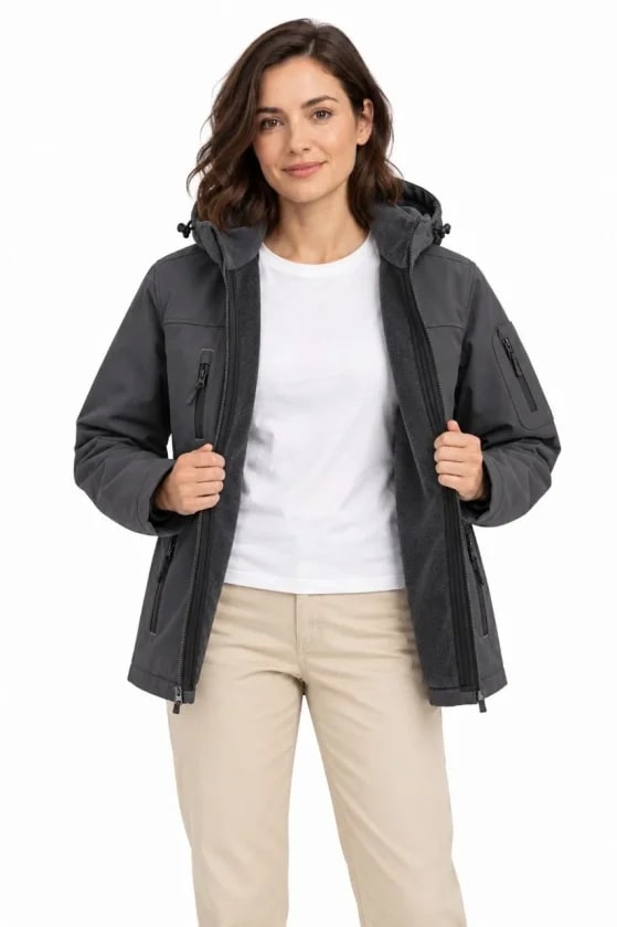 Su Geçirmez Softshell İçi Polar Astarlı Çıkarılabilir Kapüşonlu 4 Cepli Mont Ceket - Füme — görsel 1/4