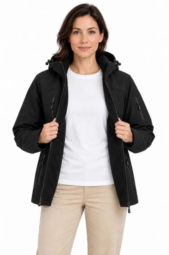 Su Geçirmez Softshell İçi Polar Astarlı Çıkarılabilir Kapüşonlu 4 Cepli Mont Ceket - Siyah — görsel 1/4