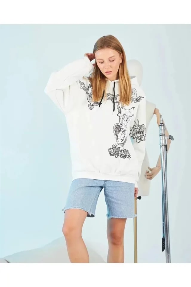 Kapüşonlu Strong Heykel Baskılı Sweatshirt - Beyaz — görsel 1/1