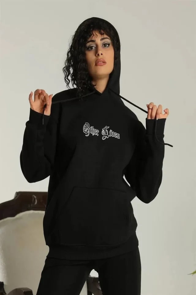 Sırt Baskılı Oversize Üç İplik Kapüşonlu Sweatshirt - Siyah — görsel 1/2