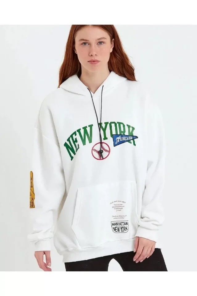 Baskılı Kapüşonlu Sweatshirt - Beyaz — görsel 1/4