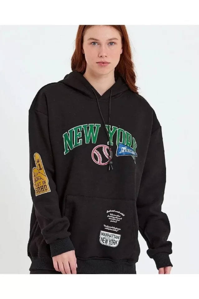 Baskılı Kapüşonlu Sweatshirt - Siyah — görsel 1/3