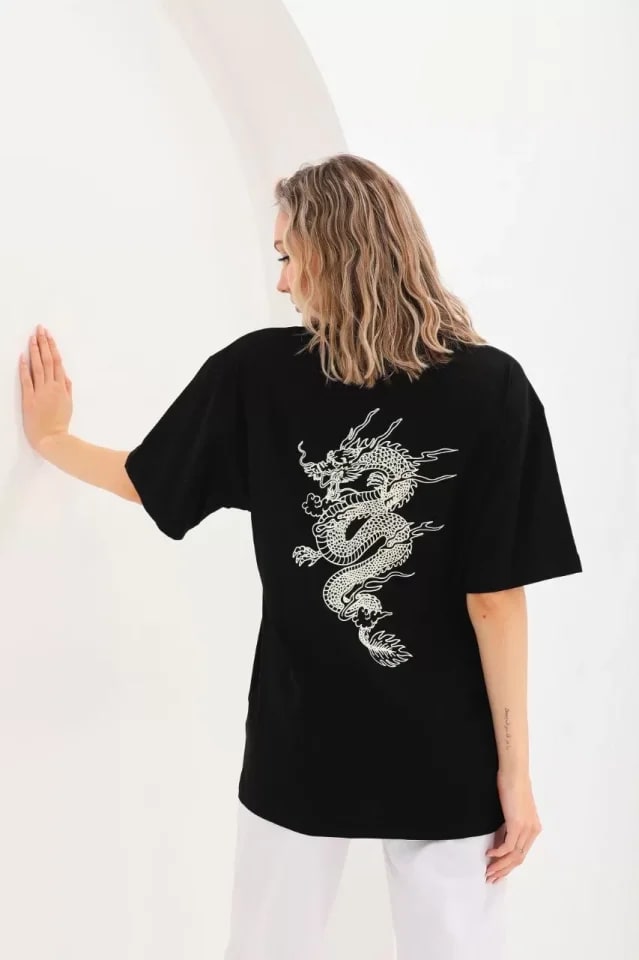 Unisex Baskılı Oversize T-Shirt - Siyah — görsel 1/4