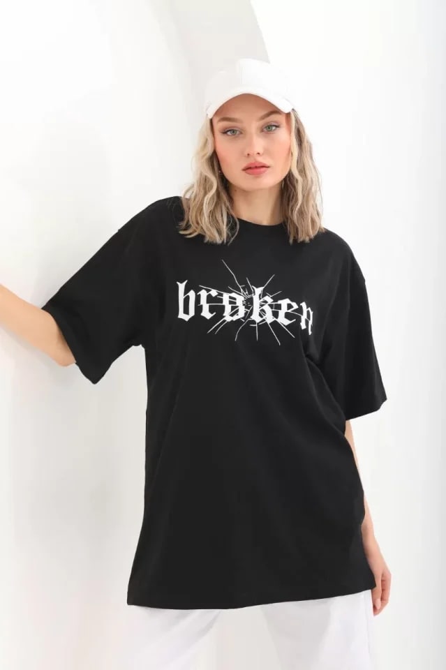 Unisex Baskılı Oversize T-Shirt - Siyah — görsel 1/4