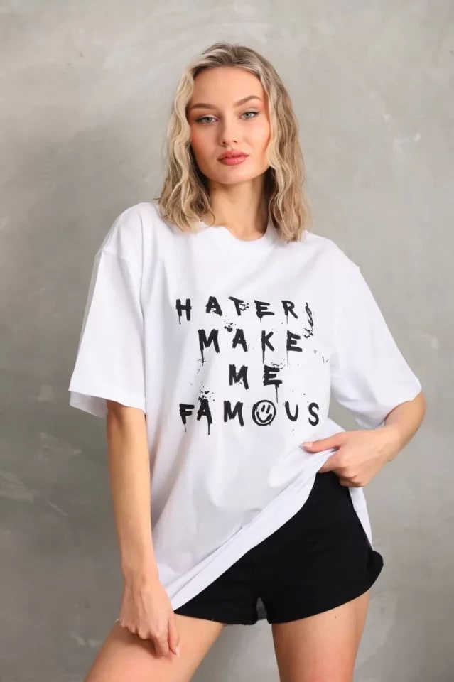 Unisex Baskılı Oversize T-Shirt - Beyaz — görsel 1/4