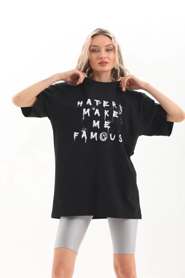 Unisex Baskılı Oversize T-Shirt - Siyah — görsel 1/4