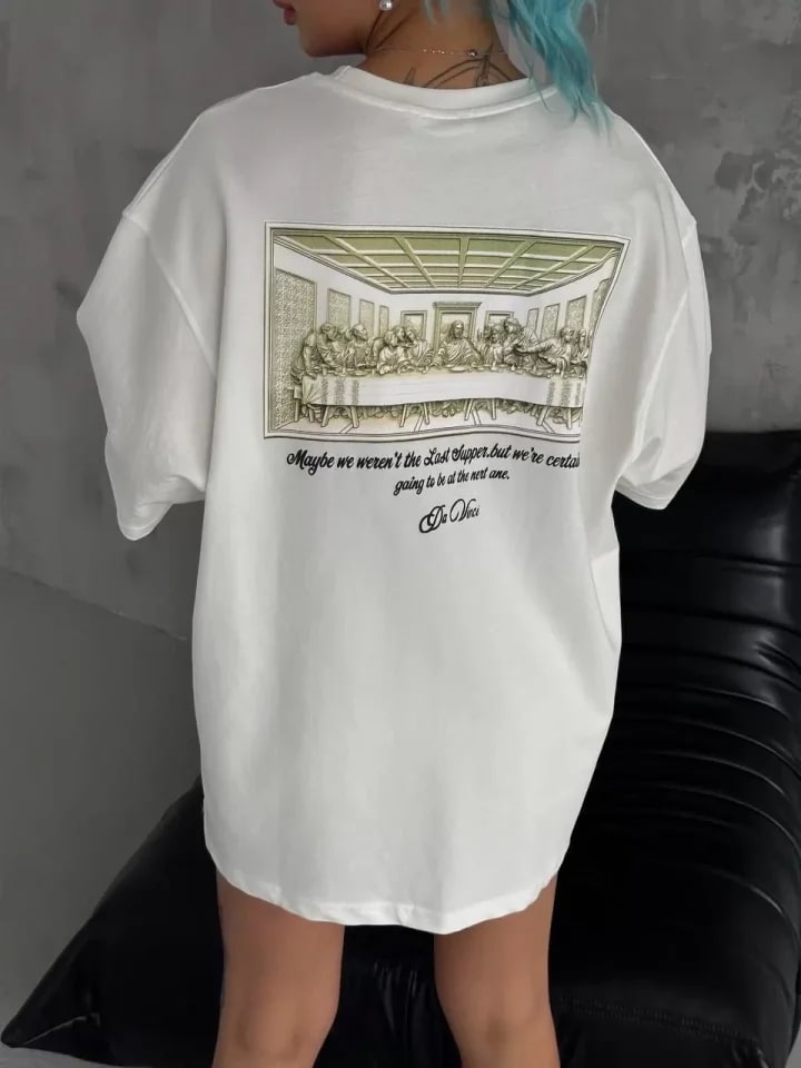 Unisex Baskılı Oversize T-Shirt - Beyaz — görsel 1/4