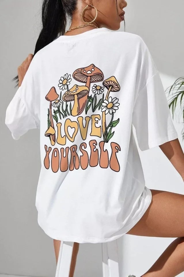 Unisex Baskılı Oversize T-Shirt - Beyaz — görsel 1/3