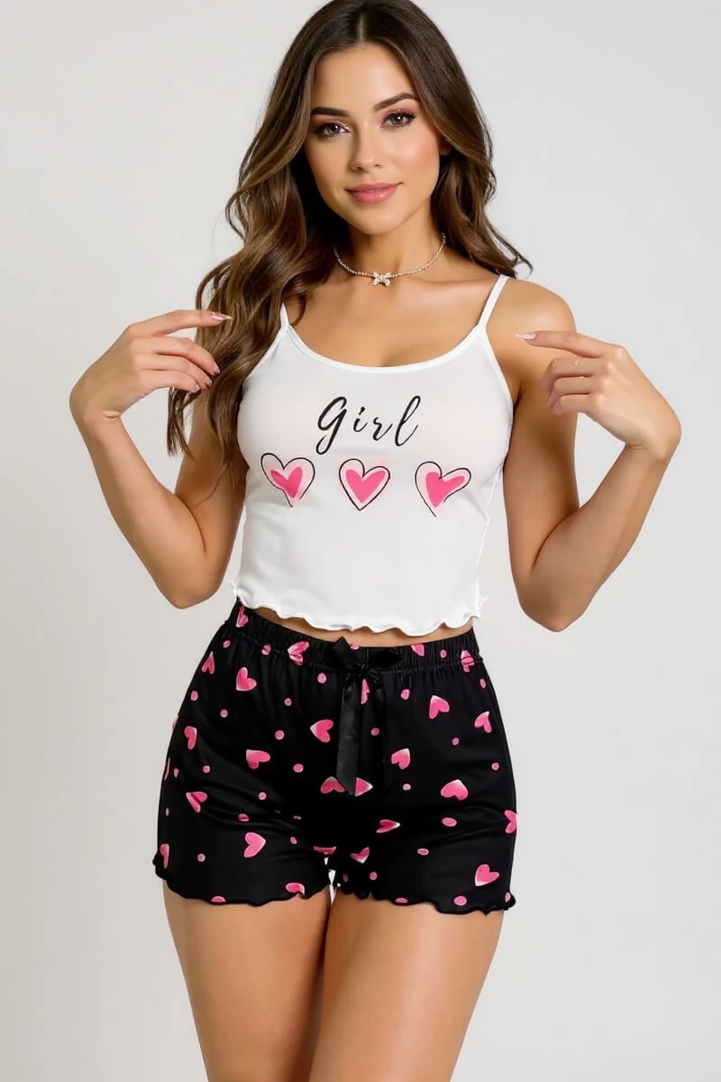 Kalp Desenli Askılı Şortlu Pijama Takımı — görsel 1/4