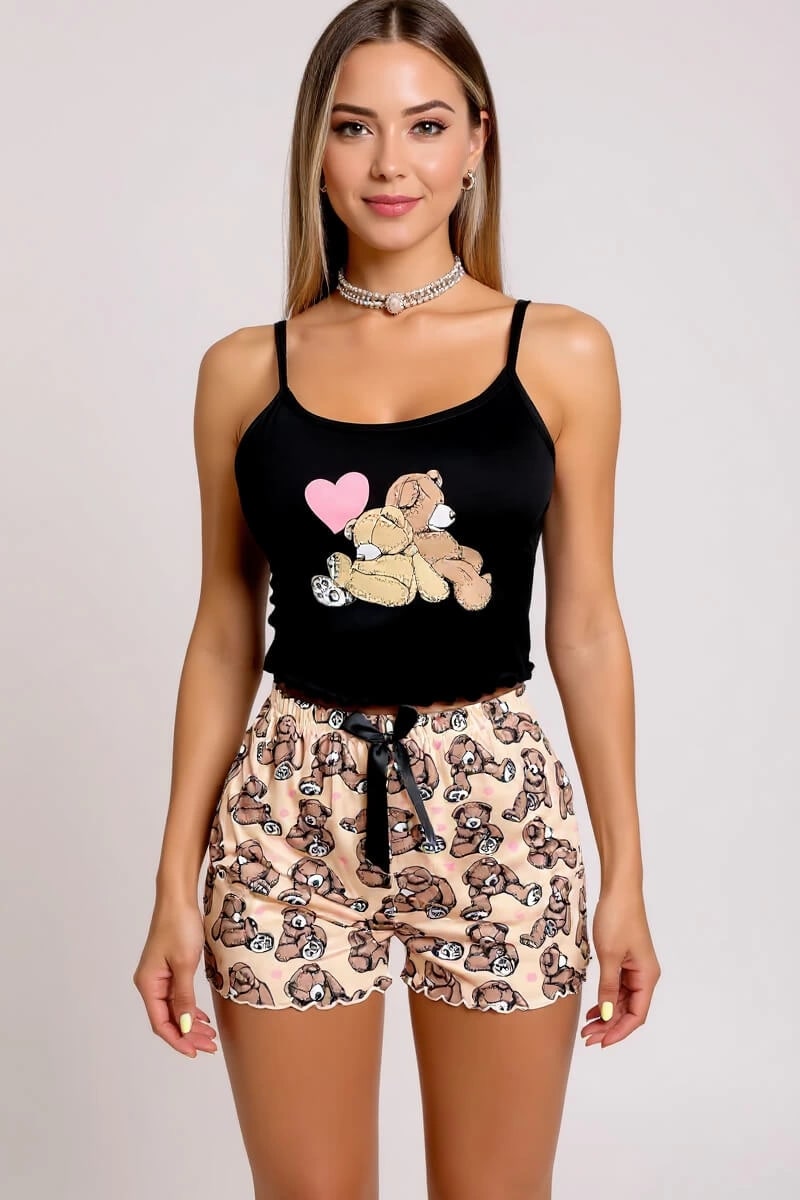 Renkli Ayıcık Desenli Askılı Şortlu Kadın Pijama Takımı — görsel 1/4