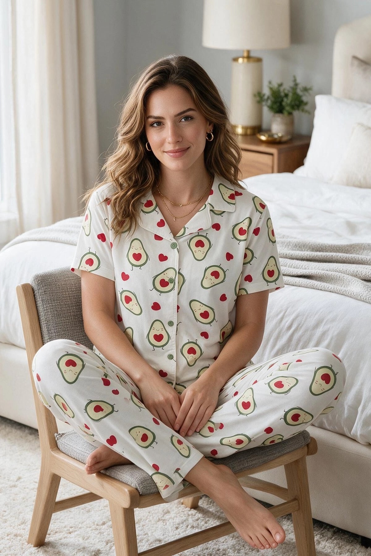 Avokado Desenli Kısa Kollu Gömlek Yaka Milan Kumaş Kadın Pijama Takımı — görsel 1/3