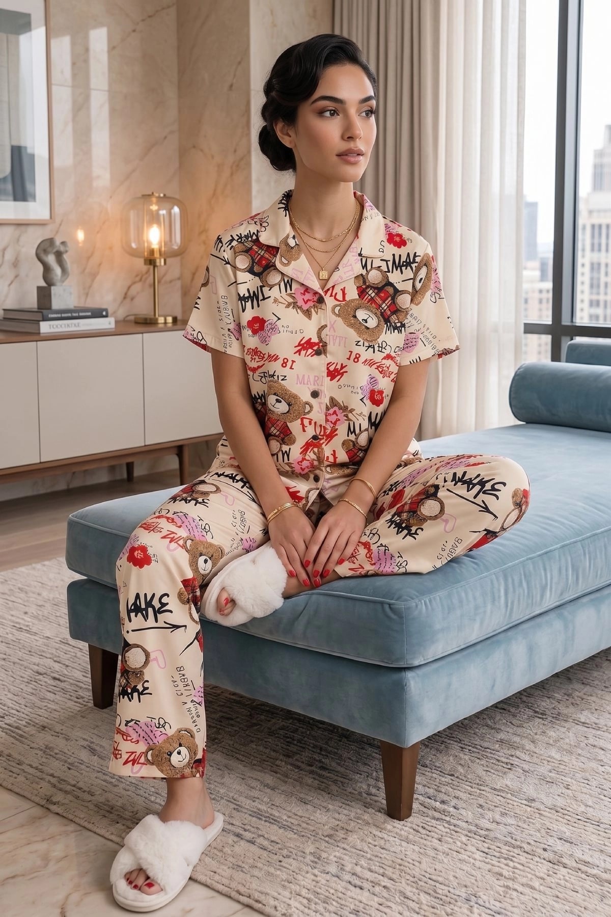 Ekru Ayıcık Desenli Kısa Kollu Gömlek Yaka Milan Kumaş Kadın Pijama Takımı — görsel 1/2