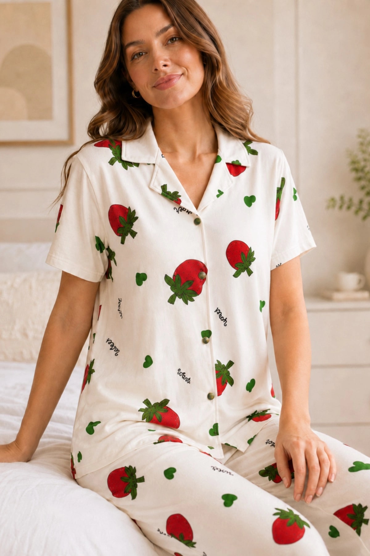 Ekru Çilek Desenli Kısa Kollu Gömlek Yaka Milan Kumaş Kadın Pijama Takımı — görsel 1/3