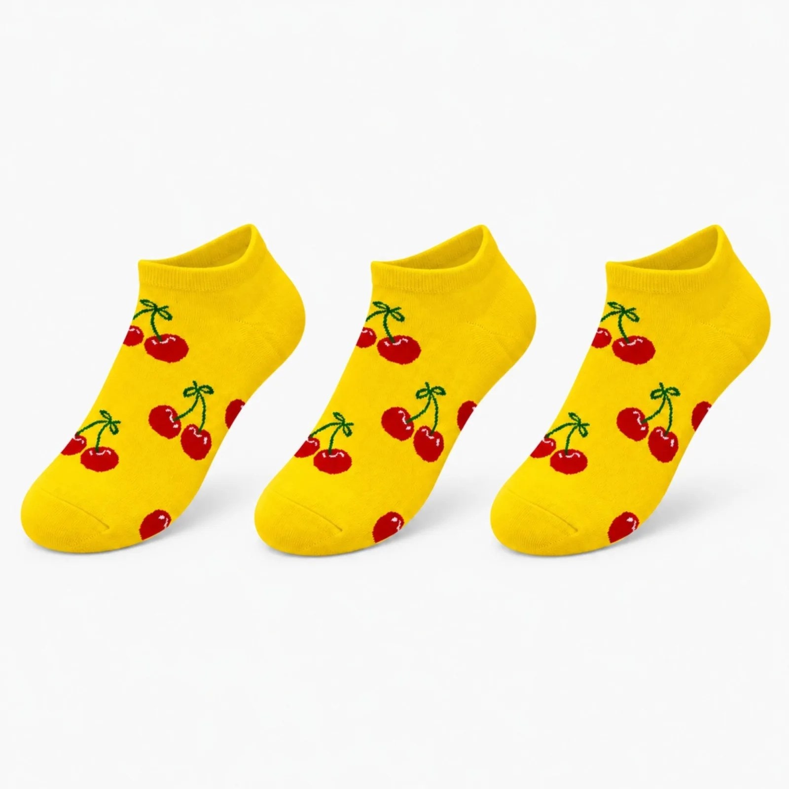 Kadın Kiraz Desenli 3'lü Patik Çorap Sarı Pamuklu Dikişsiz Sneaker Uyumlu Eğlenceli Günlük Set — görsel 1/7